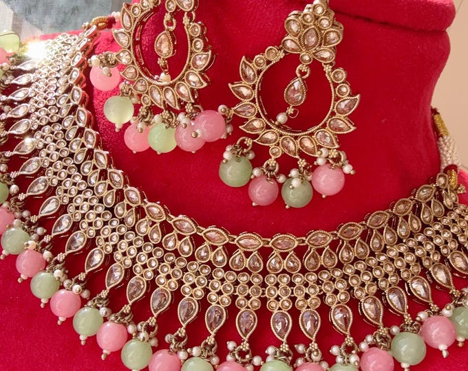 Antique Polki Kundan Mint pink bridal choker   necklace/Wedding necklace/Bridal necklace/ Mint pink choker/Indian jewelry/