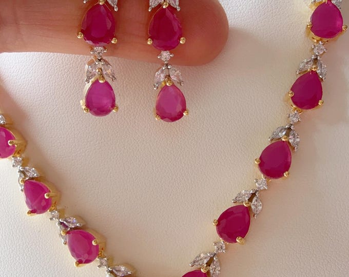 Gold  single line simple elegant Ruby diamond necklace  /Indian jewelry/Diamond jewelry/ Indian Necklace/ diamond necklace
