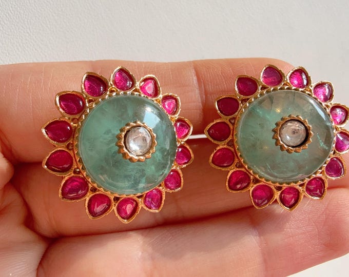 Mint Ruby  Doublet stud  Earrings/Moissanite  diamond Kundan Studs /Indian Jewelry /Statement Stud Earring/Indian studs