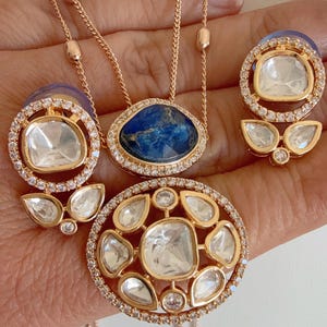 Premium Moissanite Blue Pendant Set/Kundan Stone Double Layer Necklace/ Indian Bridal Jewelry/Uncut Moissanite Polki Kundan Wedding Jewelry
