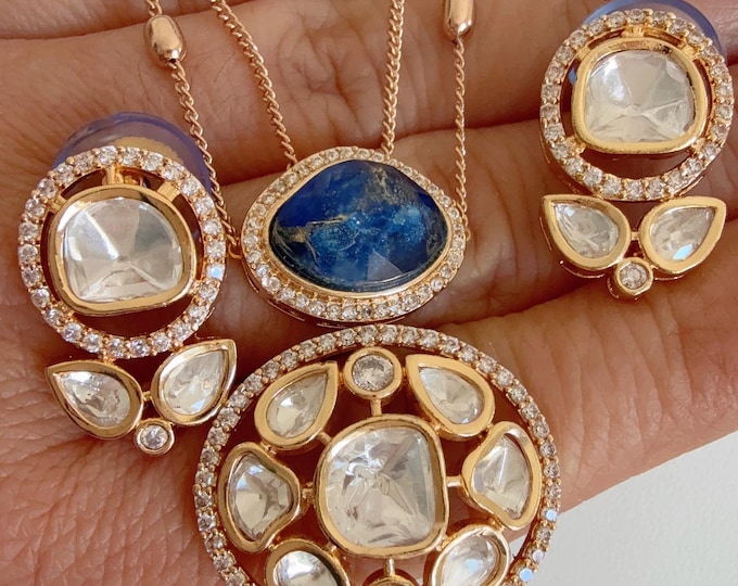 Premium Moissanite Blue Pendant Set/Kundan Stone Double Layer Necklace/ Indian Bridal Jewelry/Uncut Moissanite Polki Kundan Wedding Jewelry