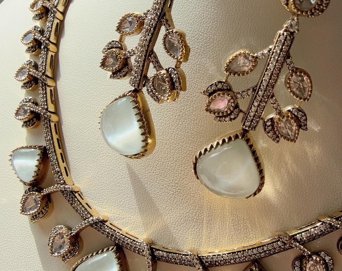 Moissanite doublet  Mother of Pearl Necklace set /Doublet Uncut Kundan  Necklace Antique Finish/   Moissanite Mother of pearl  Necklace Set