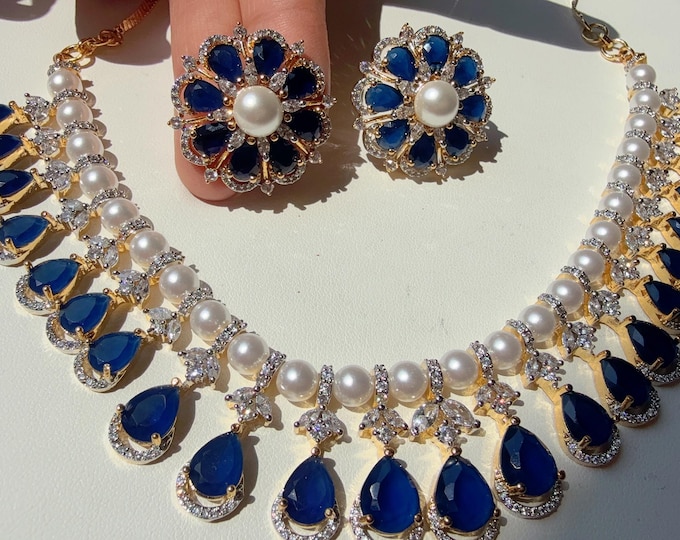 2 Tone Gold Sapphire Blue Necklace diamond choker  /Indian jewelry/ CZ Choker/Bridal choker/ Indian Necklace/2 tone  Blue diamond choker