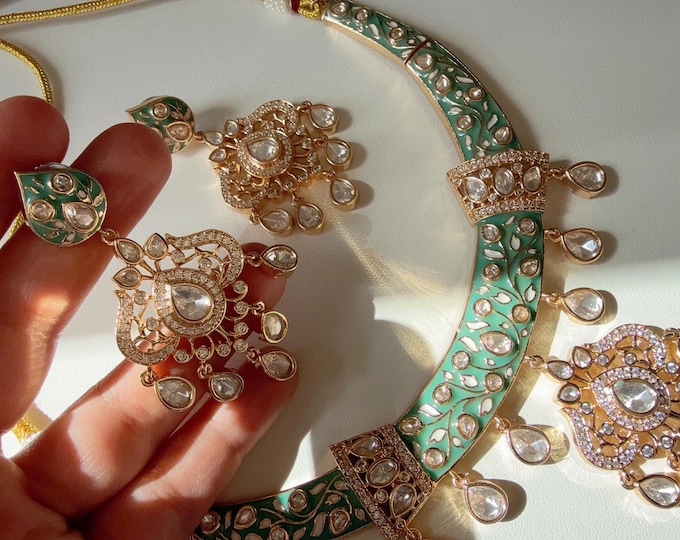 Moissanite kundan Mint hasli necklace set with jhumka earrings/Diamond  Hasli / Rajwadi Mint  Hasli /Indian Wedding jewelry