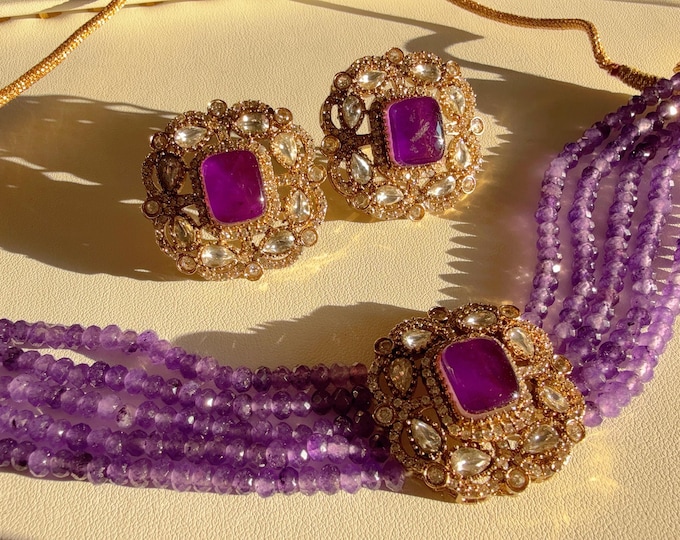 Purple Multi Strand Moissanite kundan choker with studs /Indian jewelry/ CZ Choker/Bridal choker// Indian Necklace/Purple beads choker