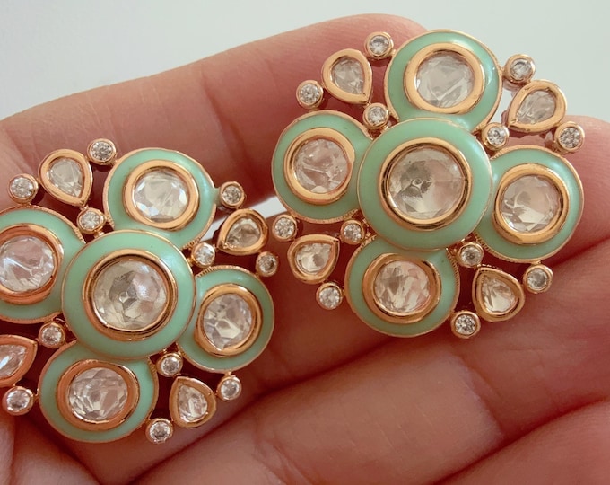 Moissanite  Meenakari Mint Kundan Studs /Indian Jewelry /Statement Stud Earring/Kundan Stud Earrings/Studs/Diamond Meenakari Mint Studs