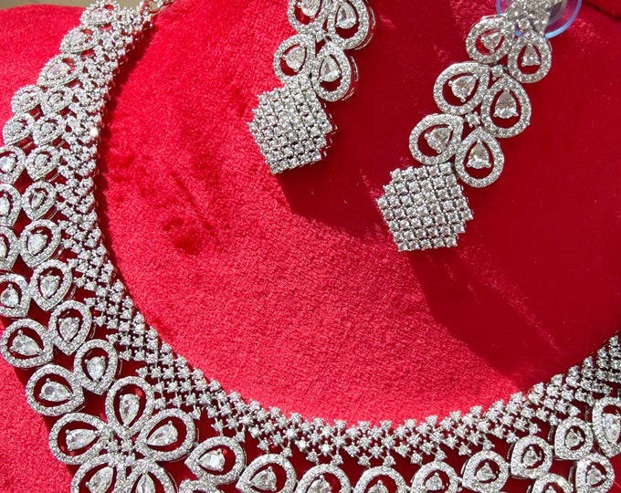 Silver  Necklace diamond choker necklace /Indian jewelry/ CZ Choker/Bridal choker/ Indian Necklace/Silver diamond choker