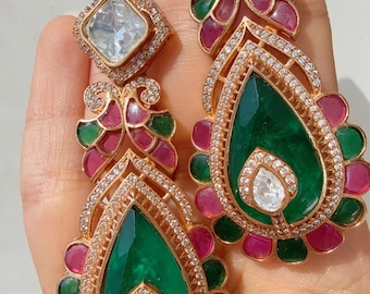 Pendientes de moissanita inspirados en Neel Sabyasachi/Joyería llamativa/Pendientes de moissanita de doble tono verde rubí/Pendientes de diamantes para novias