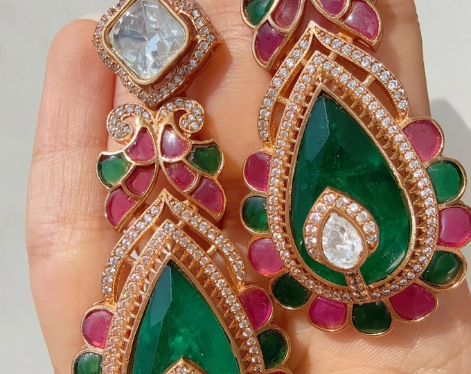Sabyasachi-Inspired Moissanite Earrings/ Statement Jewelry/  Ruby green dual shade Moissanite Earrings/Bridal Diamond earrings