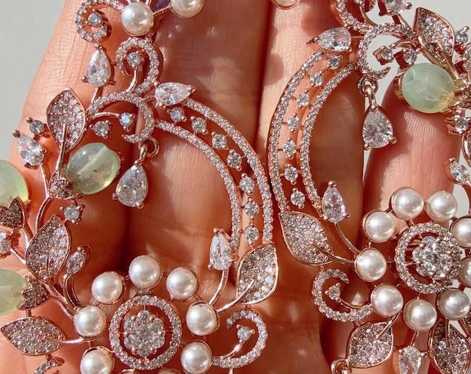 Lightweight Rose Gold   CZ  diamond  Chandelier Earrings/Diamond Chandelier Rose gold Mint Earrings/Flower Drop Dangle Earrings
