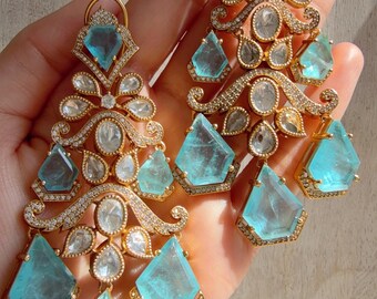 Statement Moissanite Firoza  doublet Earrings/Elegant Long Drop Large  Earrings |/kundan Earrings/Sia Bridal Diamond earrings