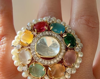 Kundan Navratan cocktail Ring/Adjustable Ring/ Indian Ring/ Indian Jewelry/Indian Wedding jewelry/Multi Color Navratan Stone Kundan Ring