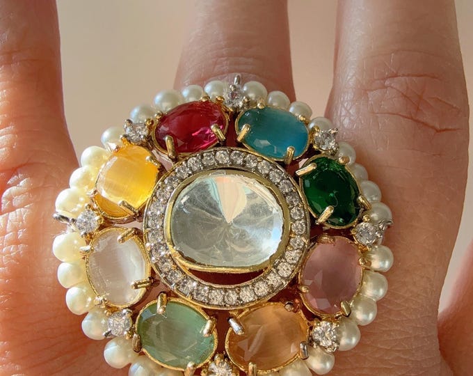 Kundan Navratan cocktail Ring/Adjustable Ring/ Indian Ring/ Indian Jewelry/Indian Wedding jewelry/Multi Color Navratan Stone Kundan Ring