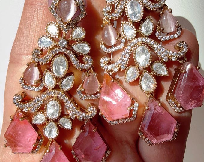 Sabyasachi-Inspired Moissanite Baby Pink diamond  Earrings/Elegant Statement Jewelry/Moissanite Ruby  Earrings/Bridal Diamond earrings