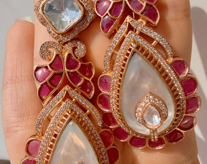 Sabyasachi-Inspired Moissanite Earrings/ Statement Jewelry/ Moissanite MOther of pearl Ruby  dual shade Earrings/Bridal Diamond earrings
