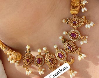 Ruby green hasli Choker Necklace /Indian Choker /Guttapusalu necklace /Temple jewelry/South Indian jewelry/Indian Wedding jewelry