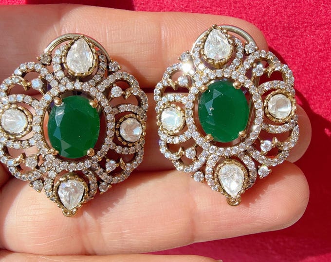 Moissanite precious Stone Green stud Earrings/Moissanite  diamond Kundan Studs /Indian Jewelry /Statement Stud Earring/