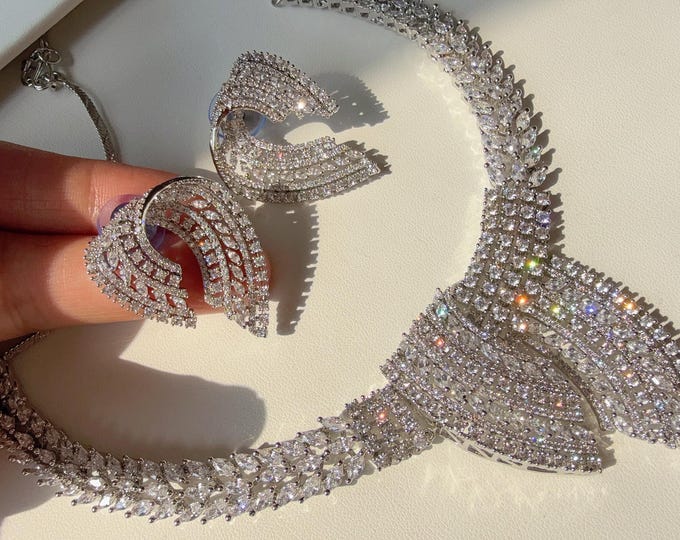 Rhodium Silver  Necklace diamond choker  /Indian jewelry/ CZ Choker/Bridal choker/ Indian Necklace/2 Tone diamond choker/Gifts for Her