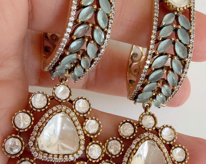 Moissanite Mint kundan hoops Earrings/Mint  Statement Jewelry/Antique Gold Finish Moissanite Polki Earrings/Bridal Diamond Mint earrings