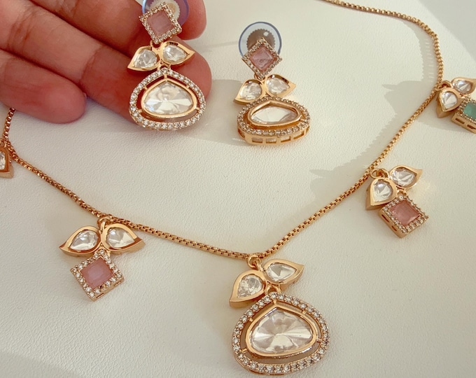 Polki Kundan Mint Pink Jewelry Moissanite  necklace set/ Kundan Necklace / Indian Bridal Jewelry/Indian Wedding jewelry