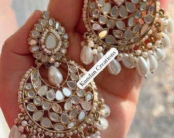 Eknoor Mirror chandbali earrings/Kundan Earrings /Statement earrings /Bridal earrings/Pearl drop earrings/Mirror Jhumka /Bridesmaid Earrings