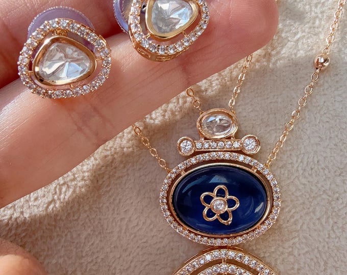 Sabyasachi-Inspired Blue Sapphire Moissanite  long chain Pendant Set/Kundan Stone long Necklace/ Indian Bridal Jewelry