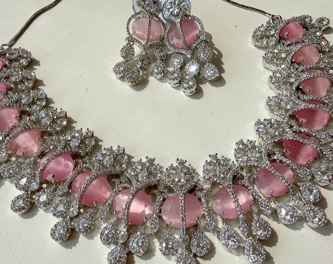 Rhodium silver Baby pink diamond Necklace set/Indian jewelry/ Bridal Baby pink necklace /Bridal choker/ Indian Necklace/diamond Jewelry