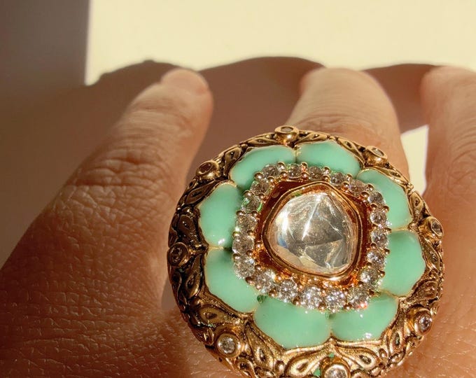 Gold plated Mint  Moissanite kundan ring /Meenakari Indian Ring/ Indian Jewelry/Indian Wedding jewelry/bridal finger ring