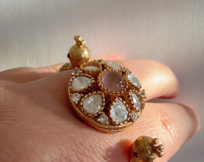 Bridal Kundan Baby pink Moissanite  diamond Ring/Peacock Meenakari work  finger Ring /Indian Wedding jewelry/Baby pink diamond  ring