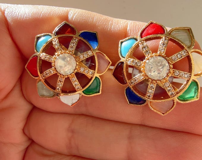 Moissanite Meenakari Navratan Kundan Studs /Indian Jewelry /Statement Stud Earring/Kundan Stud Earrings/Diamond Meenakari Multi Studs