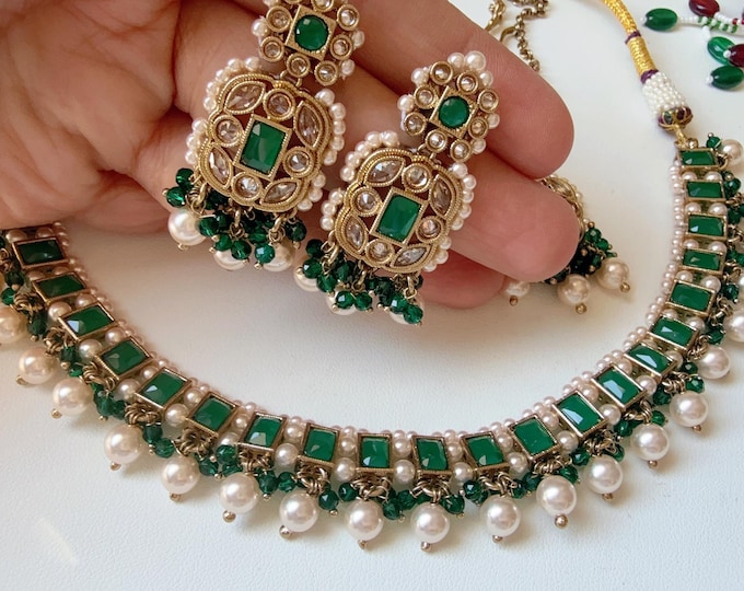 Antique  kundan  Polki Kundan Green necklace  Set /bridal necklace/Indian wedding jewelry/Wedding necklace set with Earrings and Tikka set