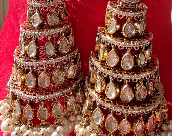 Sabyasachi-Inspired Gold Luxurious Moissanite Chandelier Earrings/Statement Jewelry Moissanite jhumka Earrings/Bridal Diamond earrings