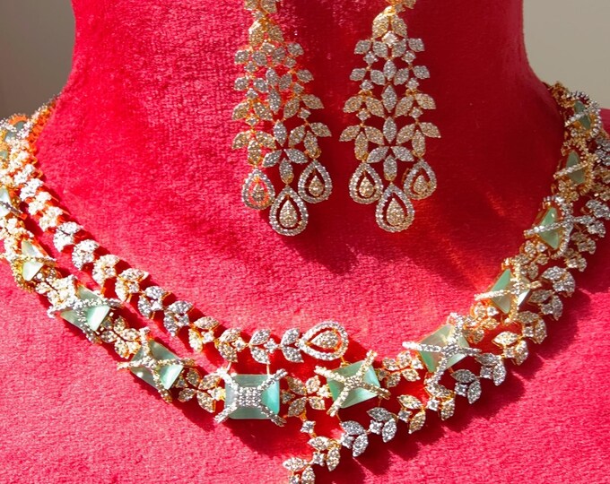 2 tone  Diamond Mint  Necklace  /Indian jewelry/ CZ Mint  2 tone Choker/Bridal diamond choker/Indian Necklace/ diamond necklace