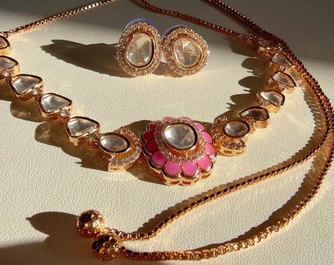 Pink Sabyasachi-inspired Moissanite  Kundan choker Necklace Set/Kundan Moissanite choker set  / Indian Jewelry/ Indian Wedding jewelry