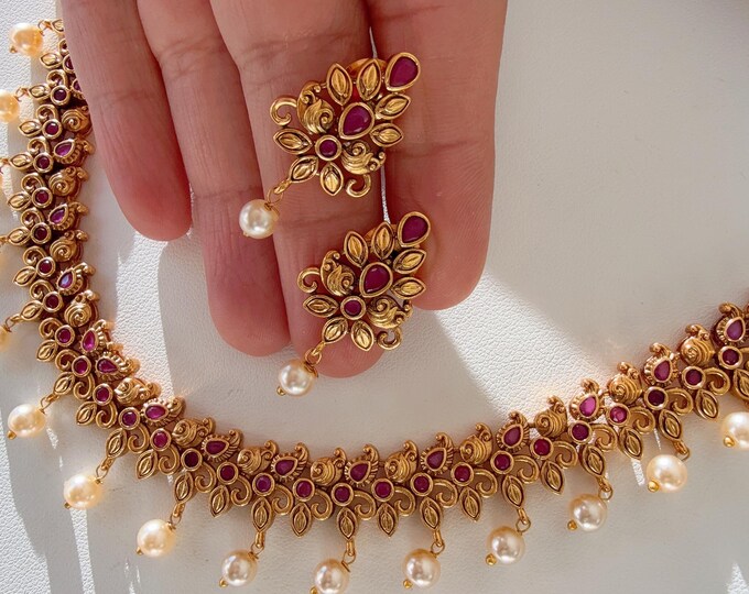 Kemp Ruby Necklace /Indian Choker /Guttapusalu necklace /Temple jewelry/South Indian jewelry/Indian Wedding jewelry