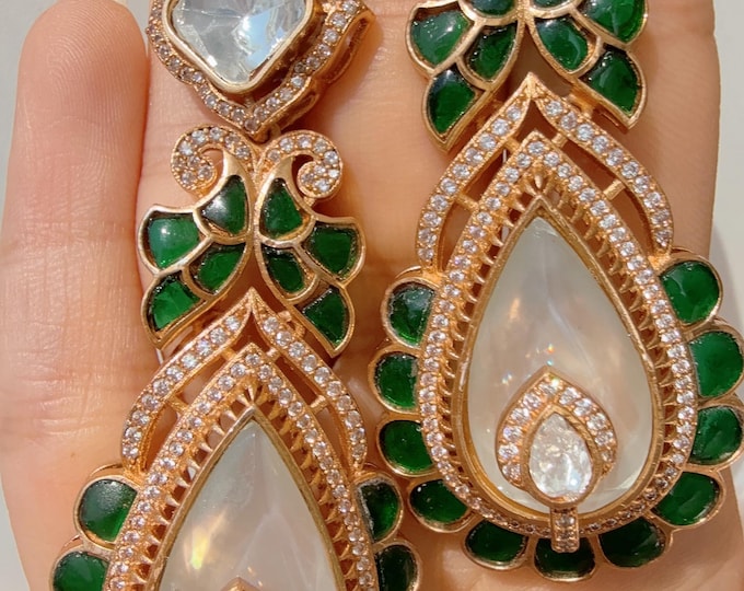 Sabyasachi-Inspired Moissanite Earrings/ Statement Jewelry/ Emerald Mother of pearl dual shade Moissanite Earrings/Bridal Diamond earrings