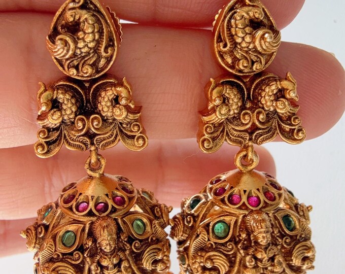 Kemp Gold plated Peacock jhumka /gold plated Earrings  / Dangle Drop Matt gold Jhumkas /Indian wedding/Kundan Jhumka/