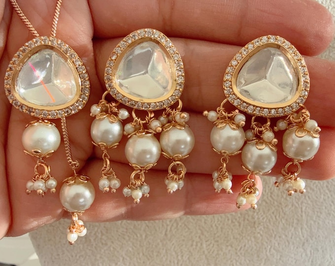 Uncut kundan Long pearl chain set /Kundan Stone long pearl Necklace/Indian Bridal Jewelry/Uncut  Polki Kundan Wedding Jewelry