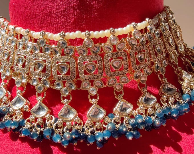 Antique Polki Kundan Blue choker Set/Kundan Choker/bridal necklace/Indian wedding jewelry/Bridal necklace set/blue wedding Necklace