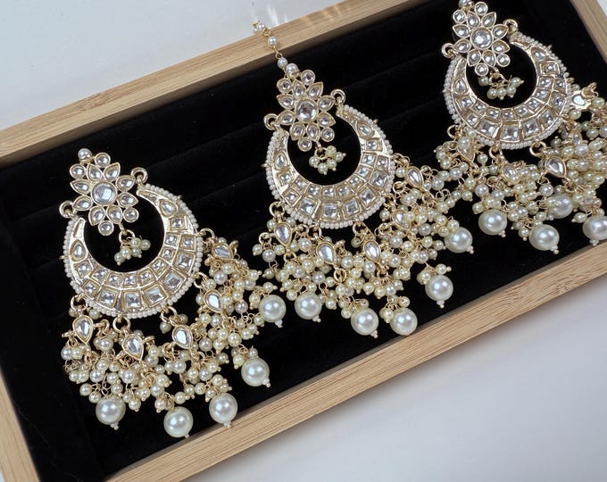 Gold Kundan Tikka  Chandbali Earring Set//Indian Bridal Maang Tikka Set/ Indian jewelry/jewelry/Bridesmaid Gifts/Kundnan jewelry set