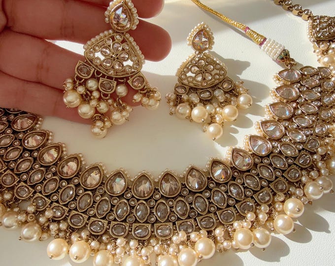 Semi bridal  green kundan  Polki Kundan  necklace  Set Chandbali and Tikka  /bridal necklace/Indian wedding jewelry/Bridal necklace set/
