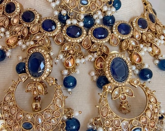 Blue Kundan Polki Necklace Set, Antique Gold Indian Bridal Jewelry Set, Wedding Statement Necklace, Pakistani Bridal Jewelry - Tara