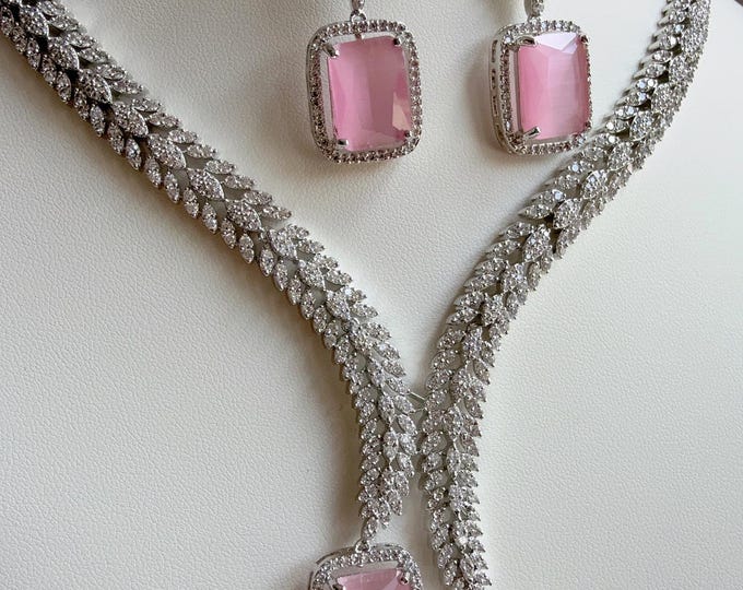 Rhodium silver  Diamond Baby pink Necklace /Indian jewelry/ White Finish Diamond Baby pink Stone Necklace Set/Silver tone CZ Bridal Jewelry