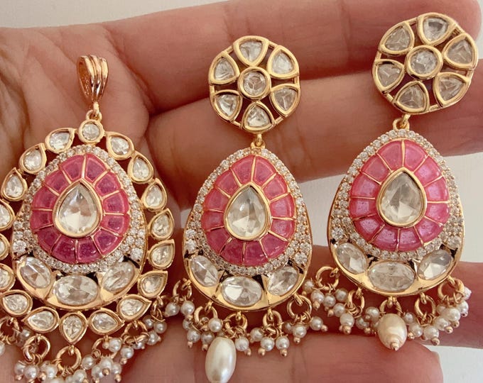 Premium Moissanite Pendant Set(No chain included) / Indian Bridal Jewelry/Uncut Moissanite Pink Kundan set/diamond pendant set