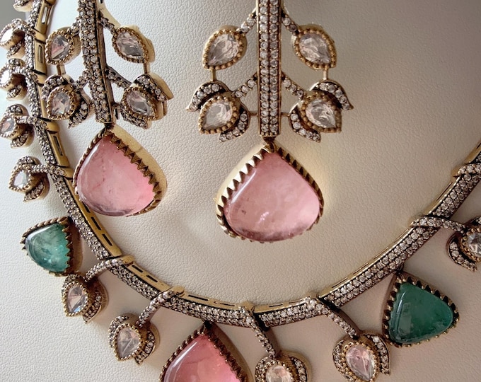 Moissanite doublet stones Mint Pink Necklace set /Doublet Uncut Kundan  Necklace Antique Finish/   Moissanite Mint Pink   Necklace Set