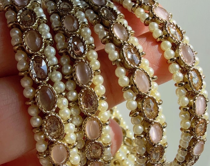 Baby pink  Kundan Bangles/Polki Kundan  Pearl Bangles Set(4 Pc) /Indian Jewelry/ Kundan Bangles/Baby pink kundan bangles/Indian Bangles