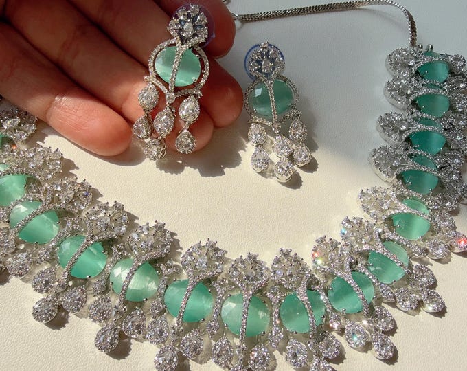 Rdodium silver Mint  diamond Necklace set/Indian jewelry/ CZ Choker/Bridal choker/ Indian Necklace/Mint diamond choker