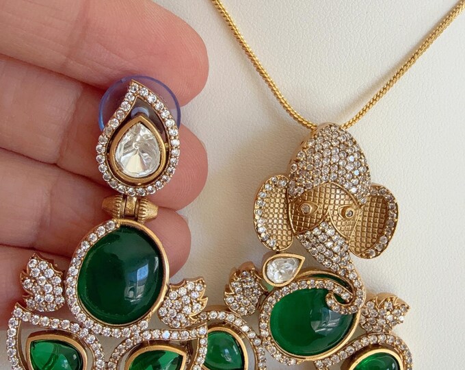 Premium Moissanite stone Ganpati Ganesh  long chain diamond pendant  Set/Kundan Moissanite emerald green Necklace/Diamond pendant set