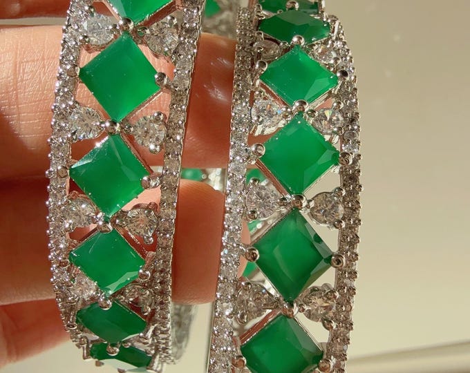 Emerald Green silver diamond Bangles/Green CZ Ad bangles//indian bangles/Indian Jewelry /bridal jewelry/American Diamond Bangles