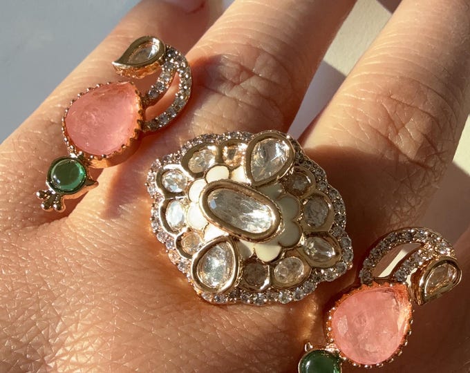 Bridal Kundan Moissanite  Oversized Ring/Baby pink green  bridal Ring/Double Finger Kundan Statement Ring /Two Finger Kundan ring